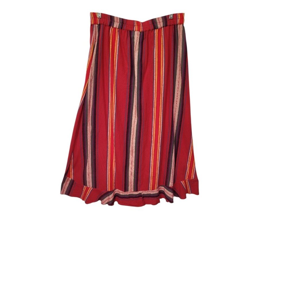 R Cinco Ranch Skirt L Asymmetrical Hem Faux Wrap Red Stripe Elastic Waist Ruffle - Picture 6 of 13